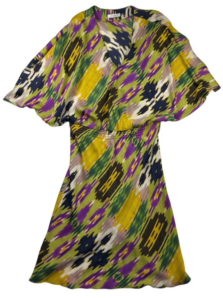 Josie Natori Silk Abstract Print Dress Sz L Dolman Sleeve V-Neck Elastic Waist — image 2 of 8